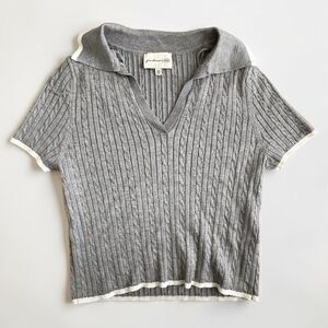 Freshman 1996 Women's M Gray Cable Knit Polo Top Short Sleeve Collared Sweater
